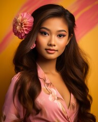Naklejka premium beautiful asian woman with long hair and flower in her hair
