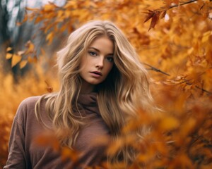 beautiful blonde woman in autumn forest