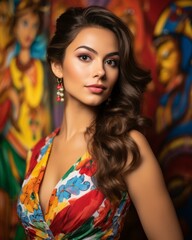 Naklejka premium beautiful woman in colorful dress posing in front of colorful background