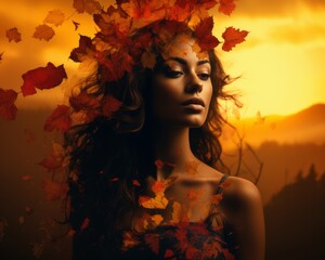 beautiful woman with autumn leaves in her hair