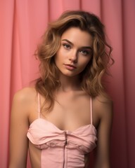 Fototapeta premium beautiful young woman in pink lingerie posing in front of pink curtain