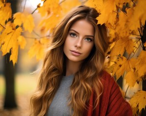Naklejka na ściany i meble beautiful young woman with long hair in autumn park