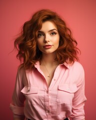 beautiful young woman with red hair and pink shirt on pink background