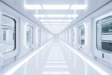 Naklejka premium White corridor, tunnel in spaceship or future building. Generated AI