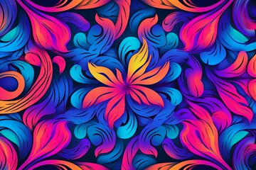 colorful abstract pattern with swirls and flowers on a black background