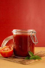 Fresh Tomato Sauce in a Glass Jar with basil leaves, sliced tomatoes in a red background in front view
