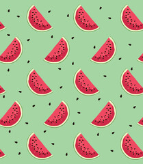 Bright juicy seamless pattern with watermelon pieces and seeds on a green background