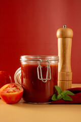 Fresh Tomato Sauce in a Glass Jar with basil leaves, sliced tomatoes in a red background in front view