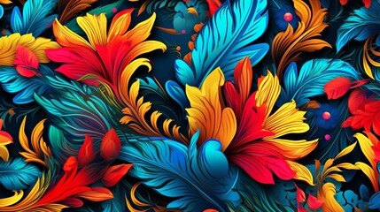 colorful flowers and leaves on a black background