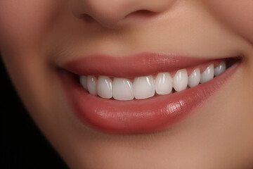 extreme close up on a female smiling mouth with perfectly white teeth. Dental Care Concept. High quality photo