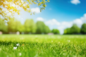 Beautiful blurred background image of spring nature with a neatly trimmed lawn surrounded by trees against a blue sky with clouds on a bright sunny day generative AI