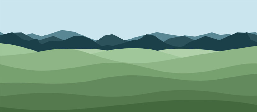 Horizontal landscape with mountains, fields, green waves hills and blue sky. Panoramic nature background. Vector flat illustration of silhouettes of mountains and green fields.
