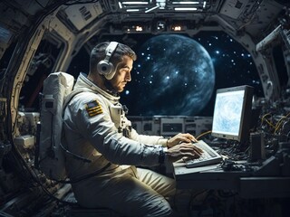 Fototapeta na wymiar astronaut using laptop in space. mixed media