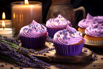 Lavender cupcakes, Italian frollini biscuits with lavender. Lavender for spices in cooking adding...
