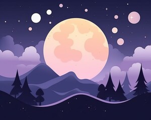full moon in the night sky with trees and mountains