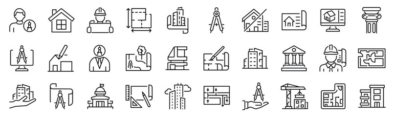 Obraz premium Set of outline icons related to building, architecture, house, design. Linear icon collection. Editable stroke. Vector illustration