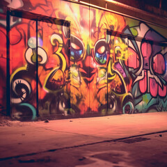 graffiti on a wall in an alley at night