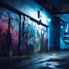 graffiti on the side of a building at night