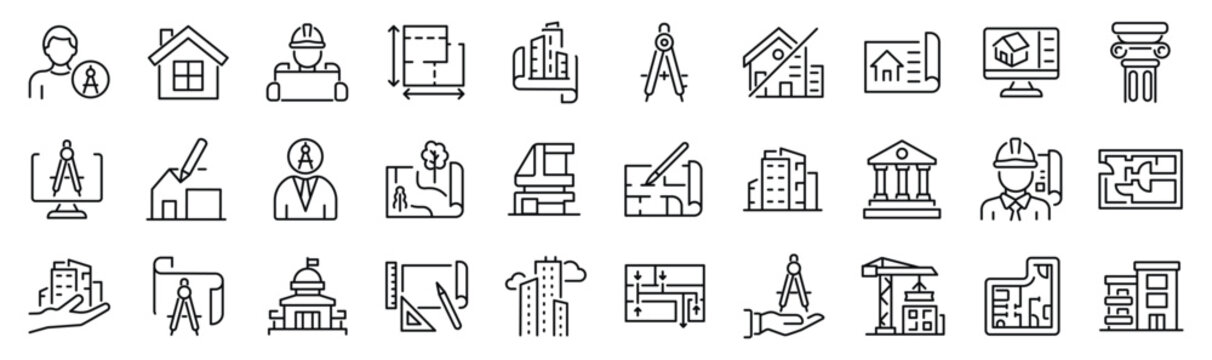 Set of outline icons related to building, architecture, house, design. Linear icon collection. Editable stroke. Vector illustration
