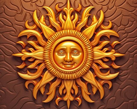 golden sun with face on a brown background
