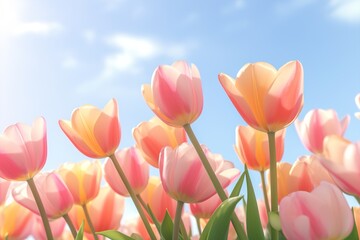 Beautiful spring tulips flying on light background.