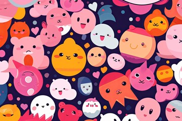kawaii wallpaper with cute animals and hearts on a dark background