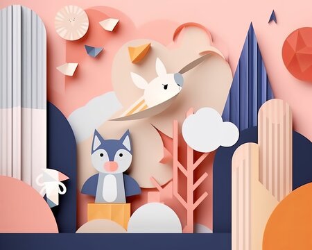 paper art of a cat bird and other animals on a pink background