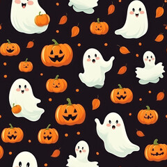 halloween seamless pattern with pumpkins and ghosts