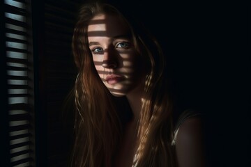 portrait of a beautiful young woman with long hair in front of a window with blinds