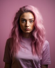 Fototapeta premium portrait of a beautiful young woman with pink hair on a pink background