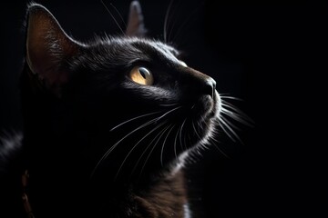 portrait of a black cat on a black background
