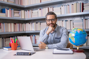 teacher work on laptop. Teacher do remote education with classes. remote school education. teacher teaching online remote. remote private teaching. knowledge and education. Online learning platform