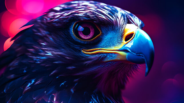 Eagle hawk close-up head portrait neon pink purple lights - Generative AI