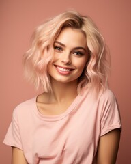 Naklejka premium portrait of smiling woman with pink hair on pink background