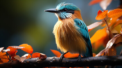 Colombian Blue-crowned Motmot, its vibrant plumage glistening in the sunlight. The bird's striking blue crest and tail feathers.