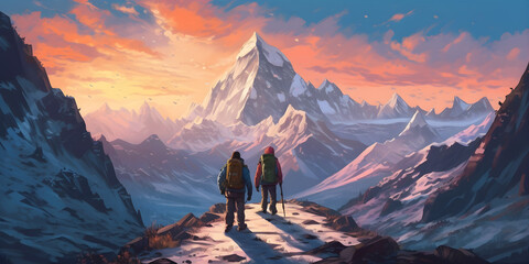 A couple backpacking through a snow-covered mountain range, surrounded by towering peaks, a mix of excitement and serenity