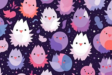 seamless pattern of cute birds in purple pink and blue colors