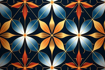 seamless pattern with blue orange and gold flowers on a dark blue background