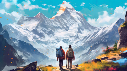 A couple backpacking through a snow-covered mountain range, surrounded by towering peaks, a mix of excitement and serenity