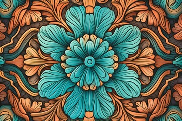 seamless pattern with turquoise and orange flowers