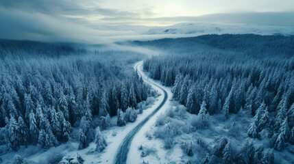 Fototapeta premium Windy and curvy road in snow covered forest landscape, top down aerial view.