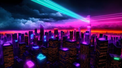 Photo of a futuristic cityscape illuminated by vibrant neon lights