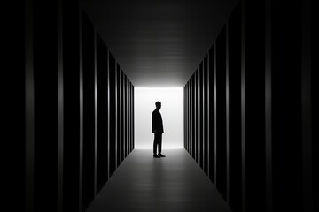 silhouette of a man standing in a dark tunnel