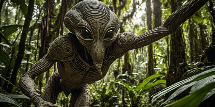 green-skinned ancient insectoid alien with black eyes in jungle, trees in background, generative AI