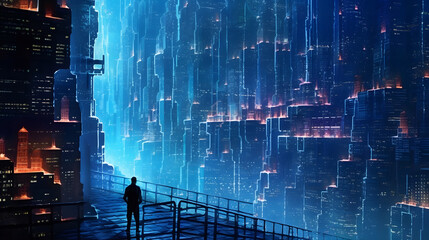 An encrypted digital fortress protecting sensitive data, illuminated by a grid of pulsating neon lights, amidst a sprawling metropolis. Generative ai.