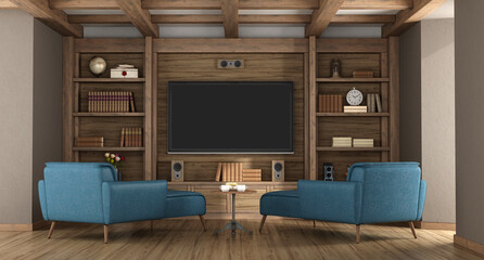 Retro style room with bookcase in solid wood with blue chaise lounge and TV - 628640751