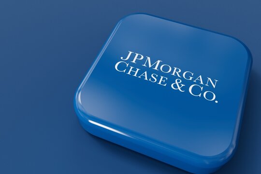 LONDON, UK - July 2023: JP Morgan Chase bank company logo. 3D Rendering