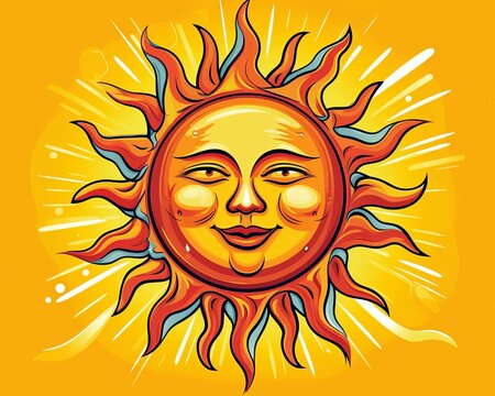the sun is smiling in a cartoon style on an orange background