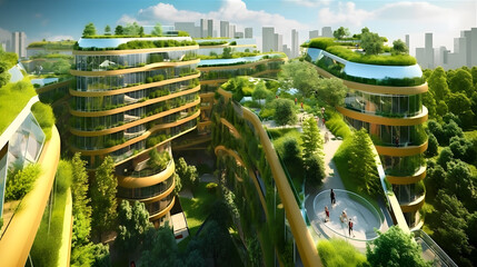 Obraz premium Eco-Friendly Cityscape - A futuristic cityscape with green roofs, solar panels, and wind turbines. Generative ai