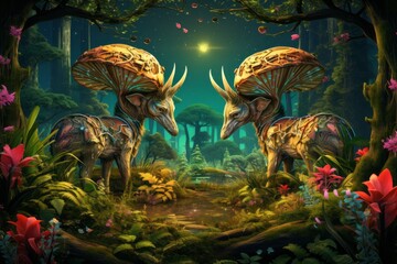 two deer are standing in a forest at night